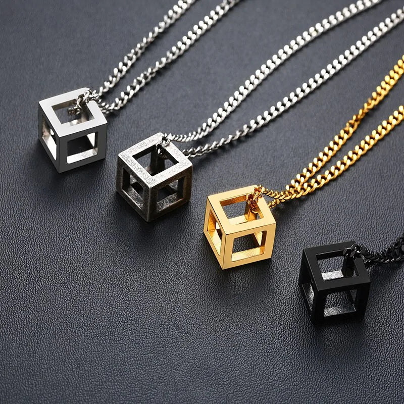 Retro Hollow Cube Pendant Necklace