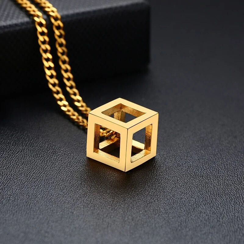 Retro Hollow Cube Pendant Necklace