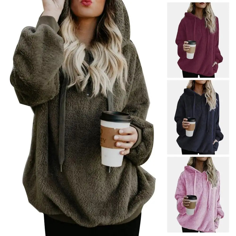 Fashion Women Over size Hoodies Sweatshirt Solid Color 1/4 Zip Up Fluffy  Hooded Tops Outwear for Women Female