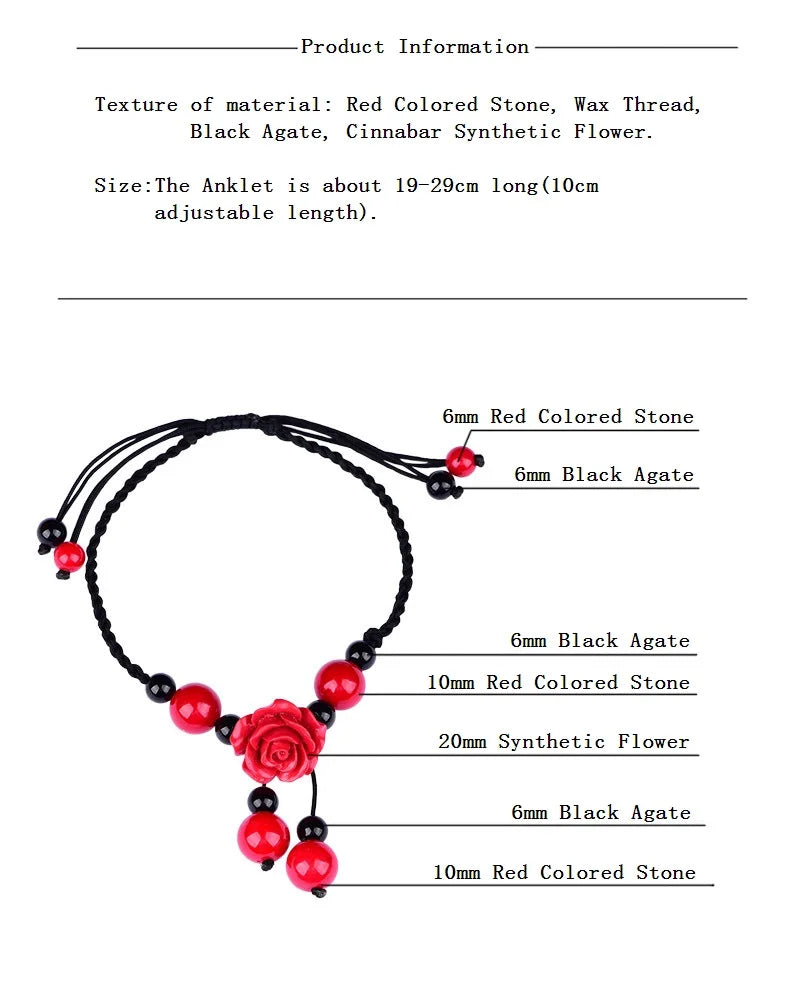 Ethnic Style Hand Knitted Adjustable Size Wax Thread Anklet Delicate Red Colored Stone Classical Cinnabar Flower Retro Jewelry