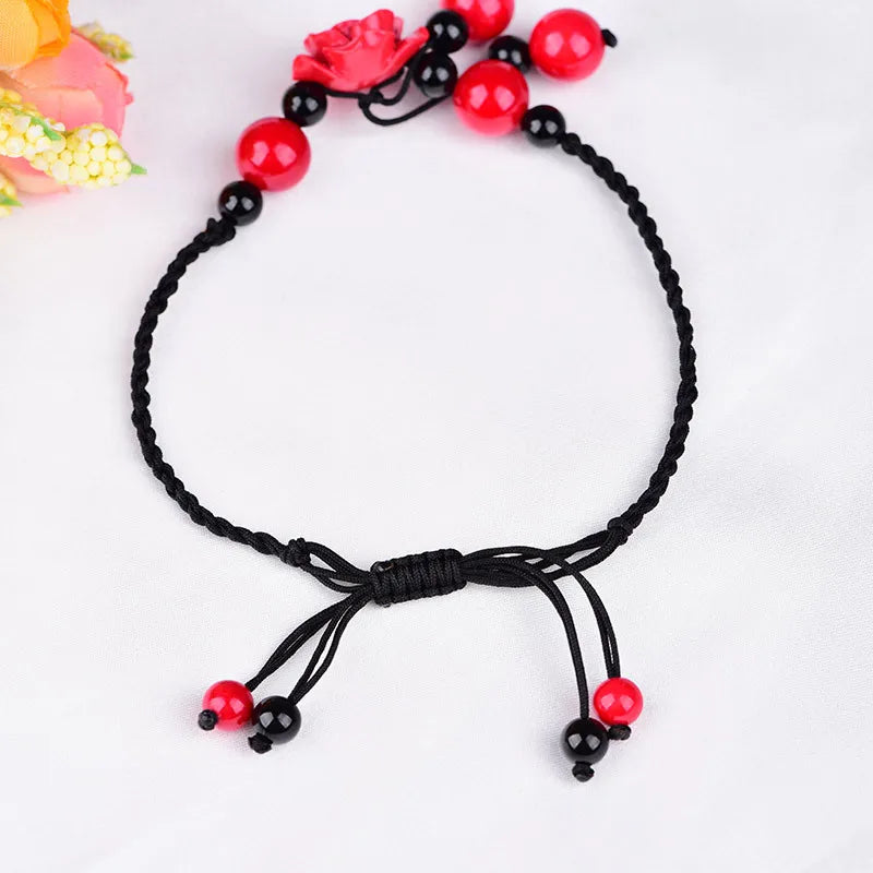 Ethnic Style Hand Knitted Adjustable Size Wax Thread Anklet Delicate Red Colored Stone Classical Cinnabar Flower Retro Jewelry