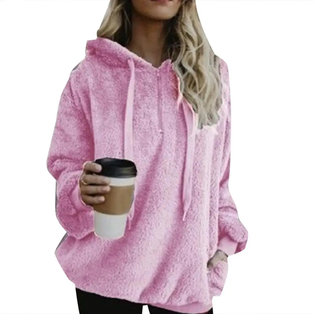 Fashion Women Over size Hoodies Sweatshirt Solid Color 1/4 Zip Up Fluffy  Hooded Tops Outwear for Women Female