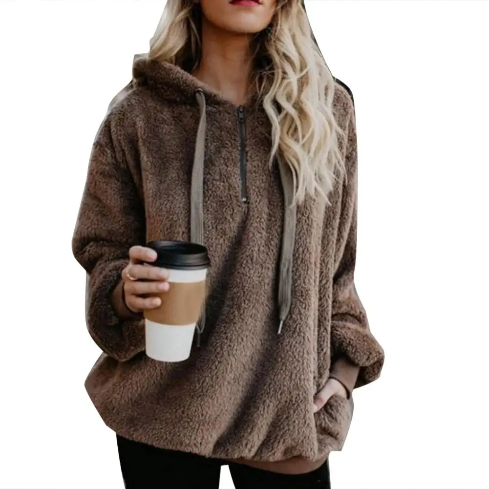 Fashion Women Over size Hoodies Sweatshirt Solid Color 1/4 Zip Up Fluffy  Hooded Tops Outwear for Women Female