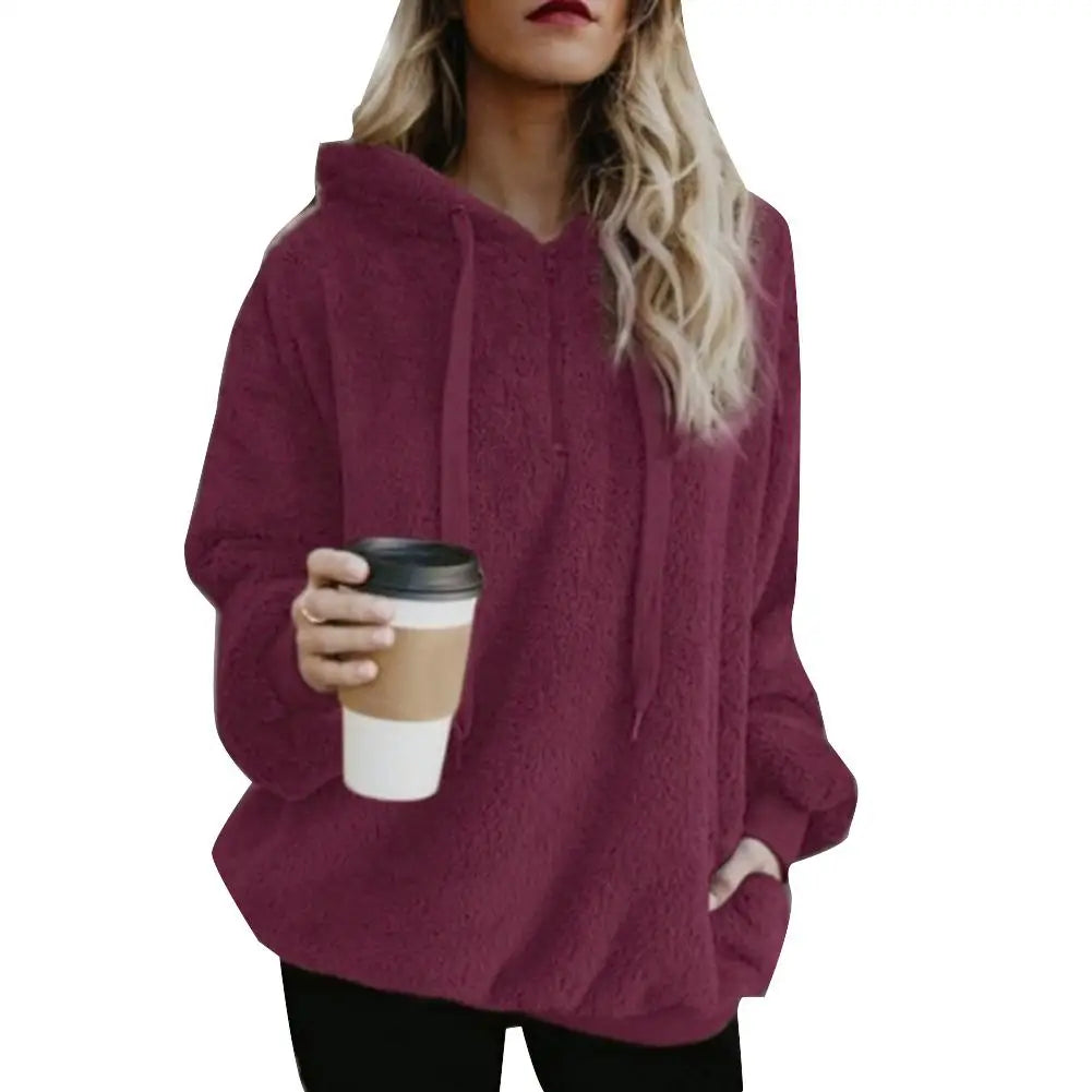 Fashion Women Over size Hoodies Sweatshirt Solid Color 1/4 Zip Up Fluffy  Hooded Tops Outwear for Women Female