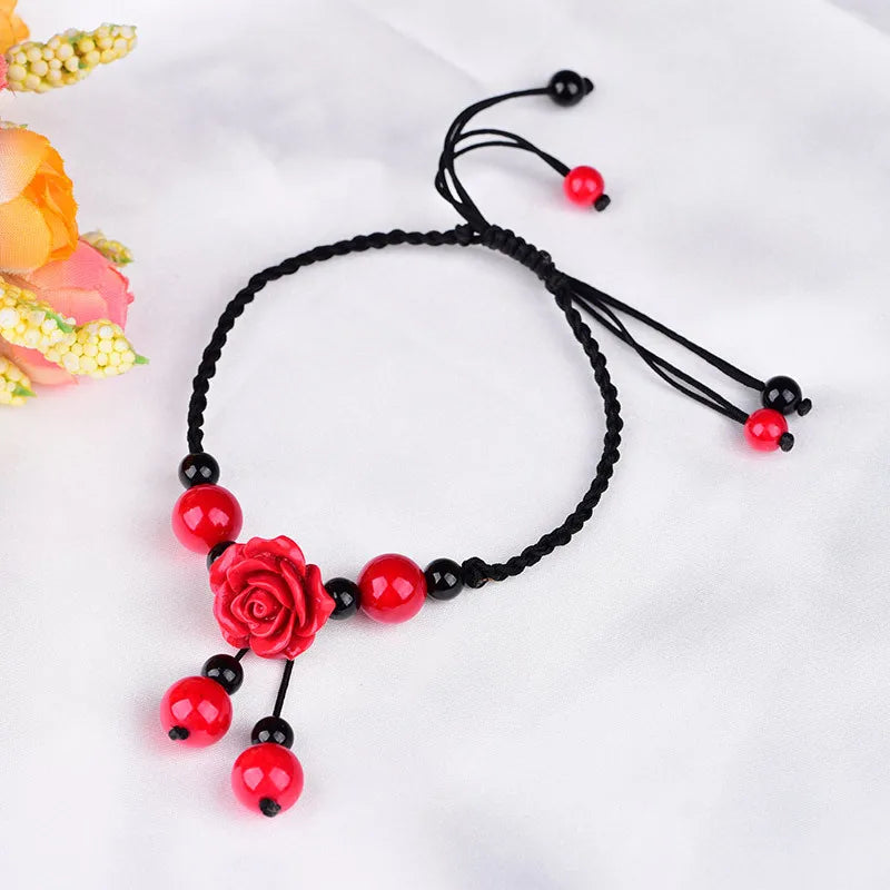 Ethnic Style Hand Knitted Adjustable Size Wax Thread Anklet Delicate Red Colored Stone Classical Cinnabar Flower Retro Jewelry