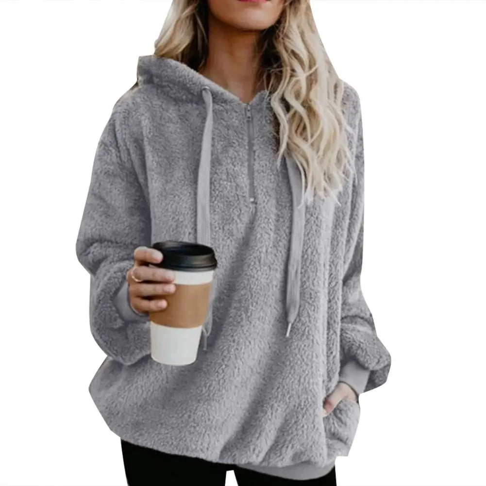 Fashion Women Over size Hoodies Sweatshirt Solid Color 1/4 Zip Up Fluffy  Hooded Tops Outwear for Women Female