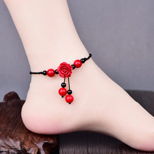 Ethnic Style Hand Knitted Adjustable Size Wax Thread Anklet Delicate Red Colored Stone Classical Cinnabar Flower Retro Jewelry