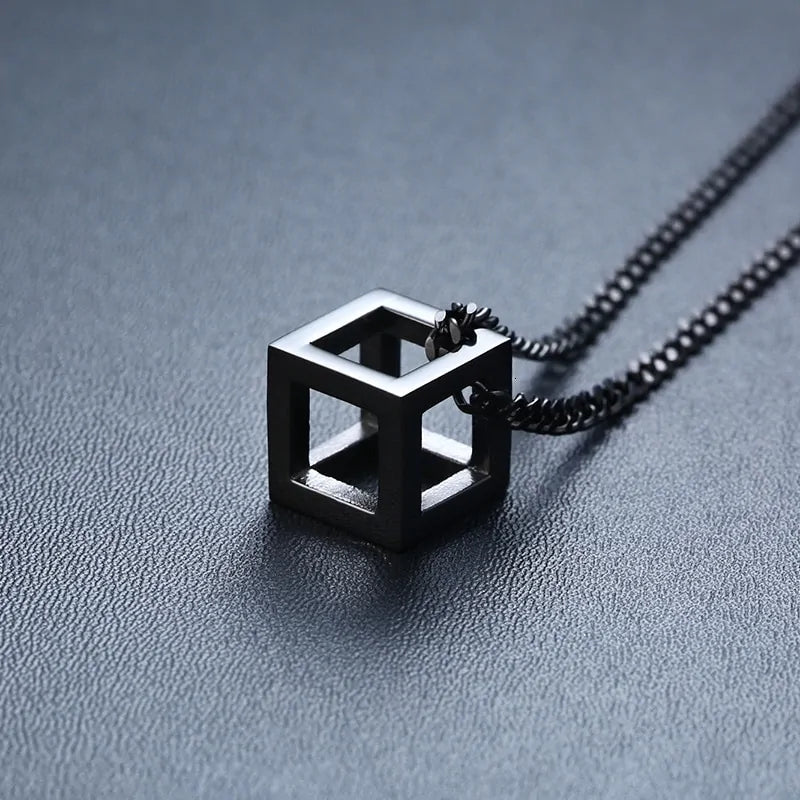 Retro Hollow Cube Pendant Necklace