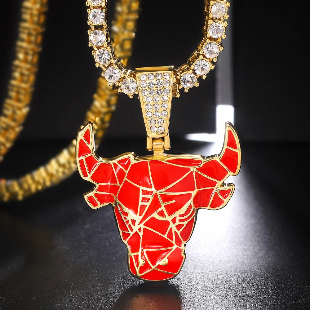 Iced Out  Red Bull Pendant Necklace Match 4mm Bling Tennis Chain Animal Face Charm Stylish Jewelry for Men and Women Hip Hop