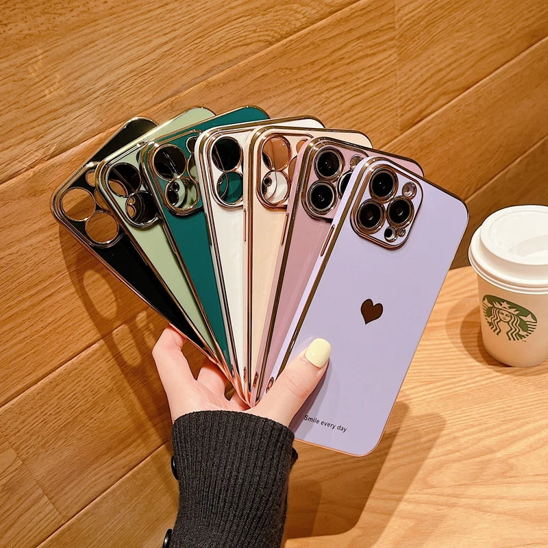 Soft Love Heart Electroplated Case For iPhone 11 12 13 14 15 Pro Max XS Max X XR 7 8 Plus SE 2020 Mini Shockproof Silicone Cover