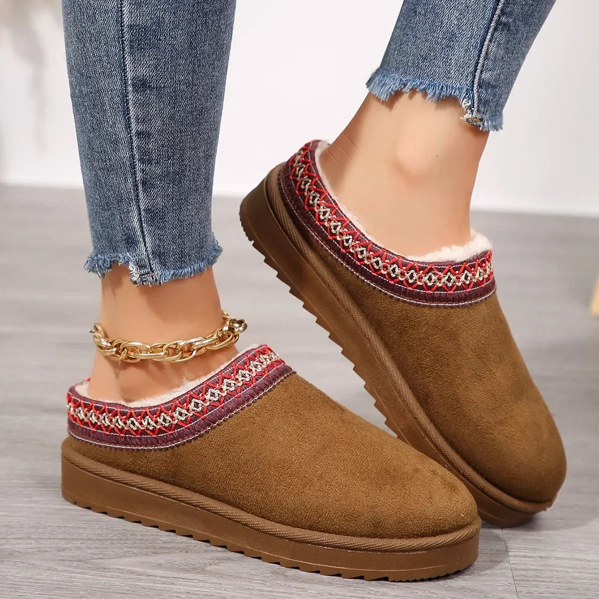 Snow Boots Women Winter New Cashmere Warm Thick Soles Without Heel-covered Hair Half Slipper Cotton Shoes Cashmere Warm Boots