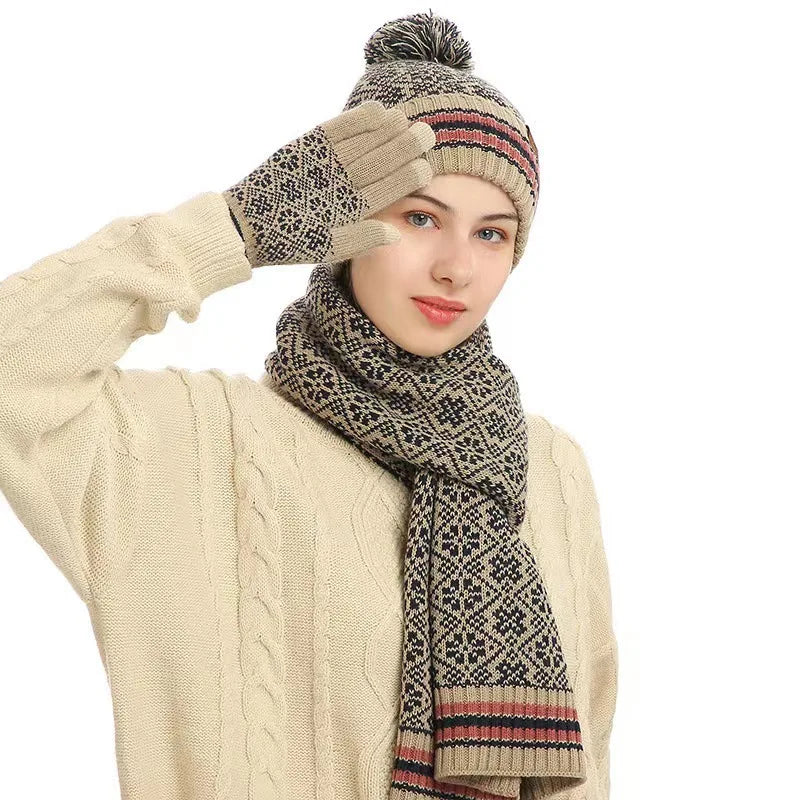 New winter warm suit acrylic knitted wool hat scarf three-piece set