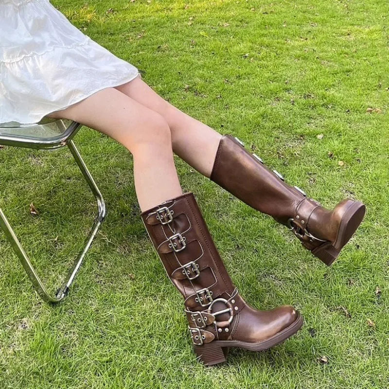 Women's High Platform Boots Metal Buckle Thick Heel Motorcycle Boots Vintage Soft Leather Punk Boot Brown Leather Knight Boot