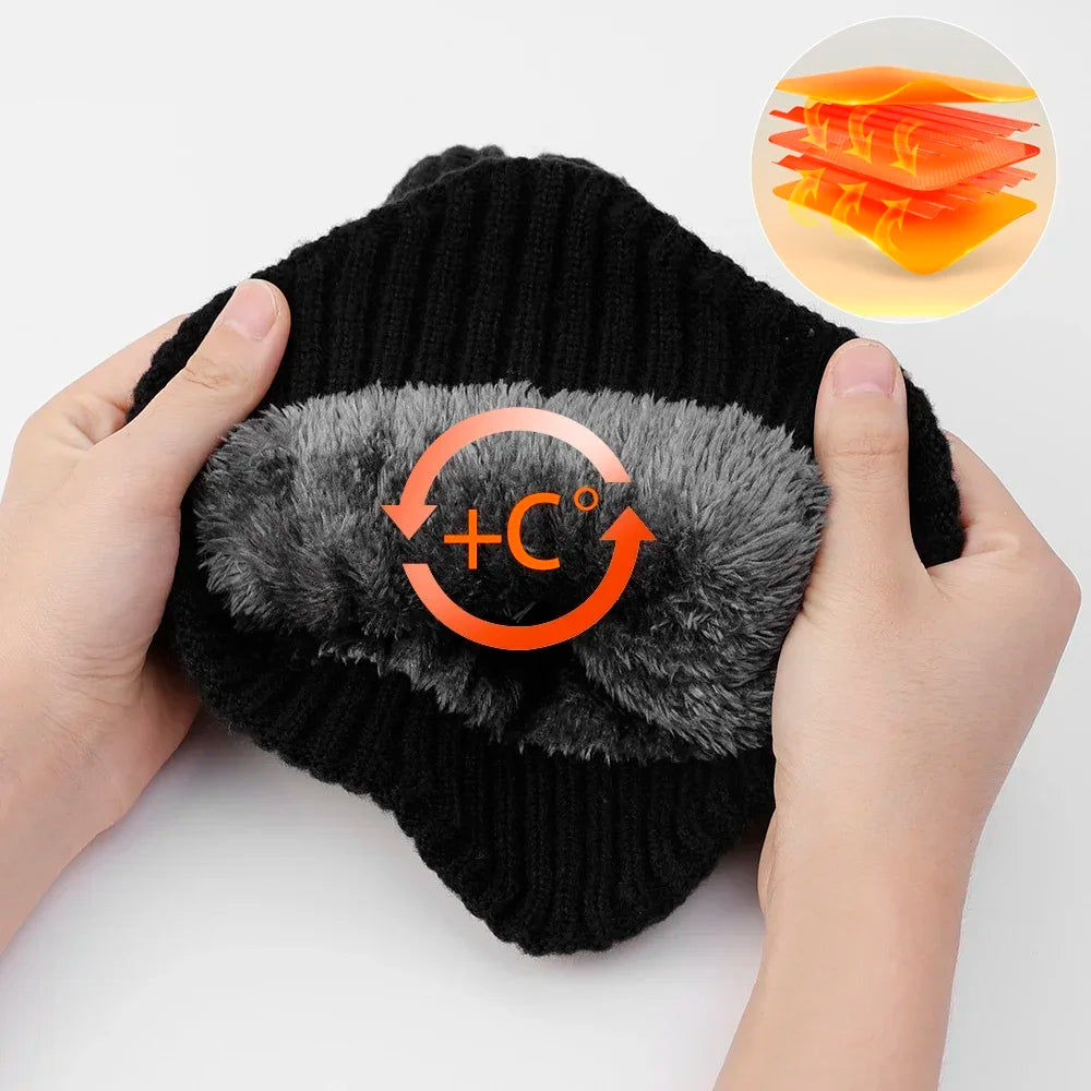 Fashion Outdoor Men Winter Knitted Hat Plush Warmth Peaked Cap Earmuff Casual Faux Fur Lined Bomber Hats Cycling Ear Protection