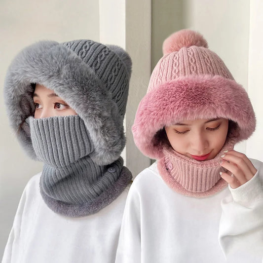 Winter Knitted Hat Scarf Mask One-Piece Plush Pompom Beanies for Women Fleece Lining Warm Bonnet Ears Neck Protection Skiing Cap