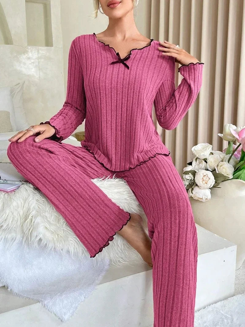 Women Autumn Winter Sleepwear Ribbed Pajamas Set Long Sleeve Top and Long Pants 2 Piece Set Casual Homewear Loungewear