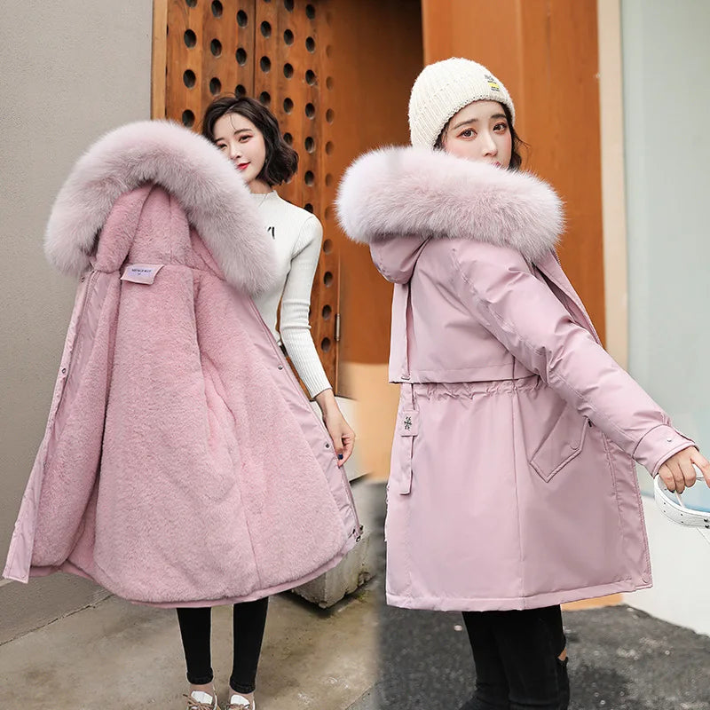 Women Parka Fashion Long Coat Wool Liner Hooded Parkas 2023 New Winter Jacket Slim with Fur Collar Warm Snow Wear Padded Clothes