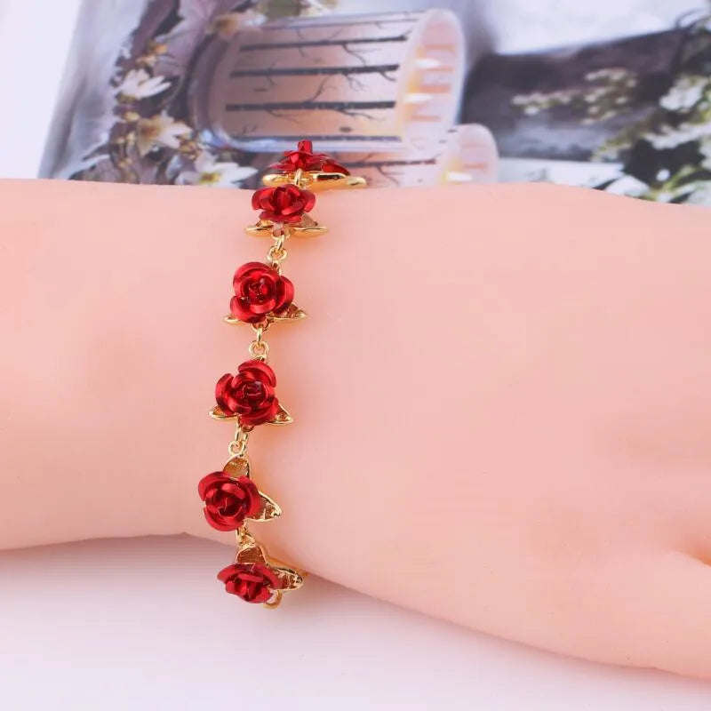 Romantic Adjustable Red Rose Link Chain Bracelet Fashion Valentine Gift for Lover Women's Hand Bracelets Bride Jewelry Accessori