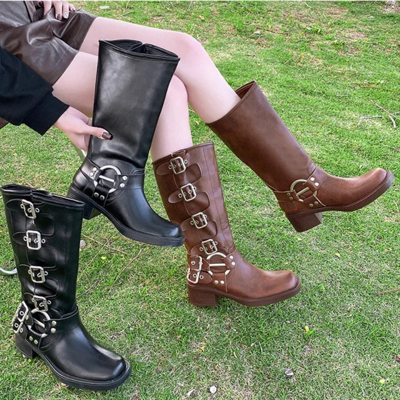 Women's High Platform Boots Metal Buckle Thick Heel Motorcycle Boots Vintage Soft Leather Punk Boot Brown Leather Knight Boot