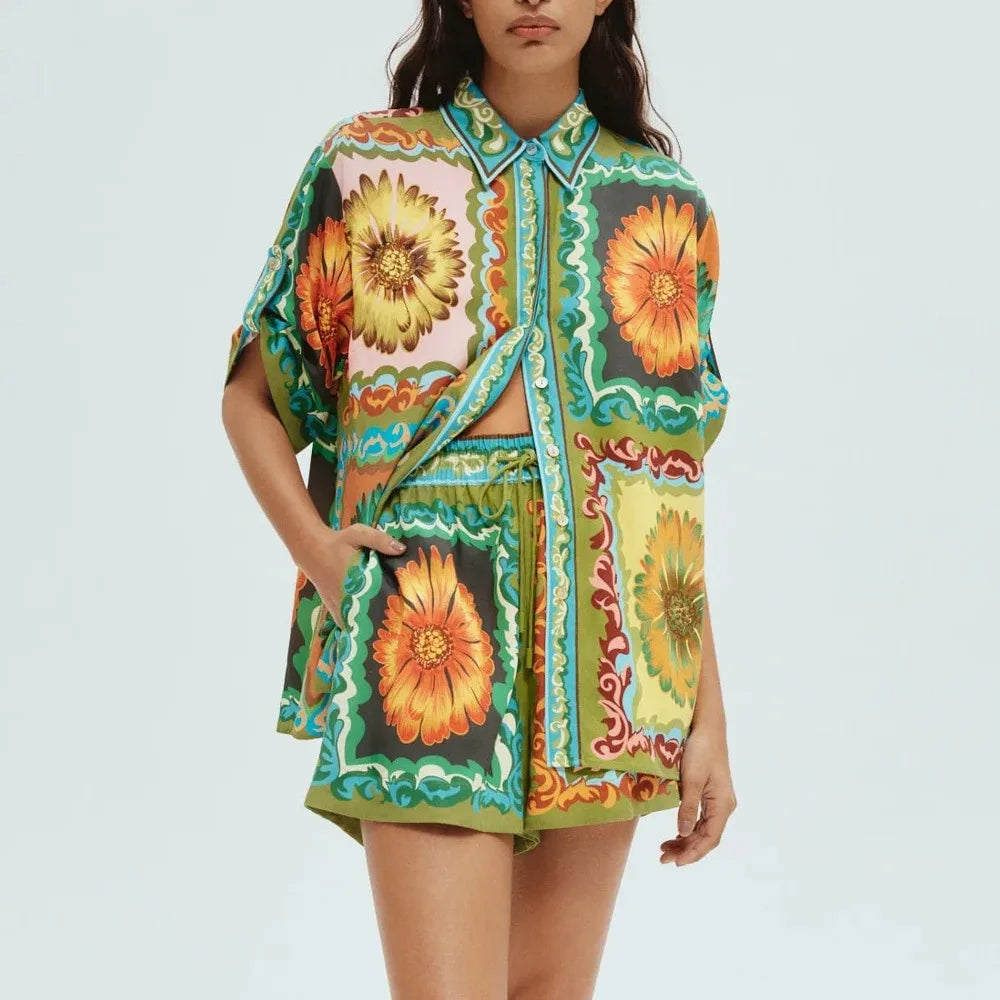 2024 Summer Women flowers design Printed 2 Piece Set Short Sleeve Shirt Blouse Top Loose Shorts Female Suit Hawai Holiday Beach