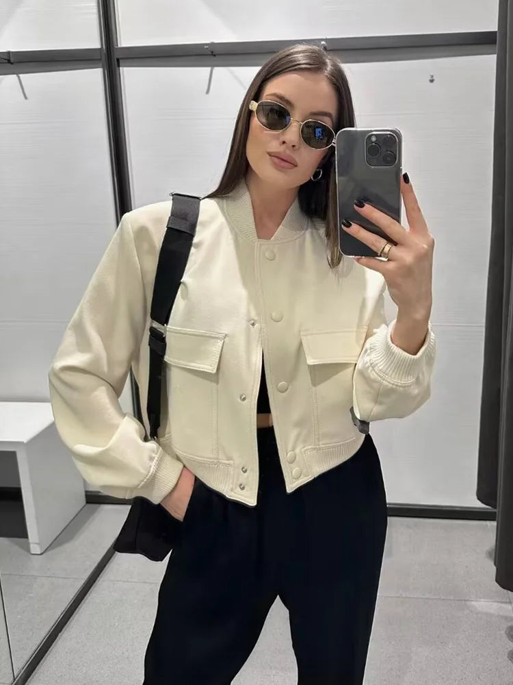 ASDS Women Fashion With Pockets Bomber Jacket Coats Vintage Long Sleeve Front Button Casual Female Outerwear Chic Tops