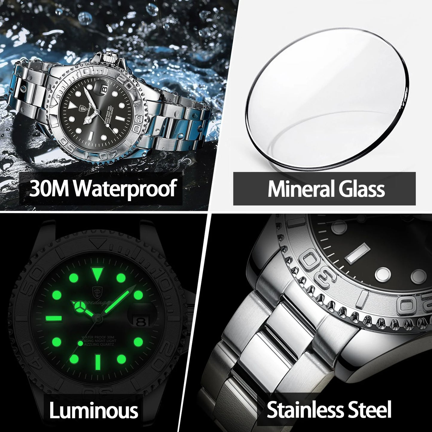 POEDAGAR Luxruy Men's Watches Classic Diving Original Quartz Watch for Man Trend Fashion Wateproof Stainless Steel Luminous Date