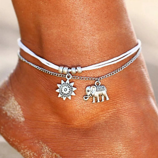 Vintage Multiple Layers Anklets For Women Retro Elephant Sun Pendant Foot Jewelry Barefoot Sandals Ankle Bracelet on the Leg New