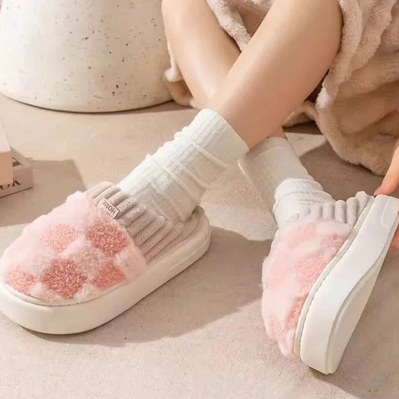 Cotton slippers for women spring autumn winter indoor anti slip home warm home winter fur plush couple men