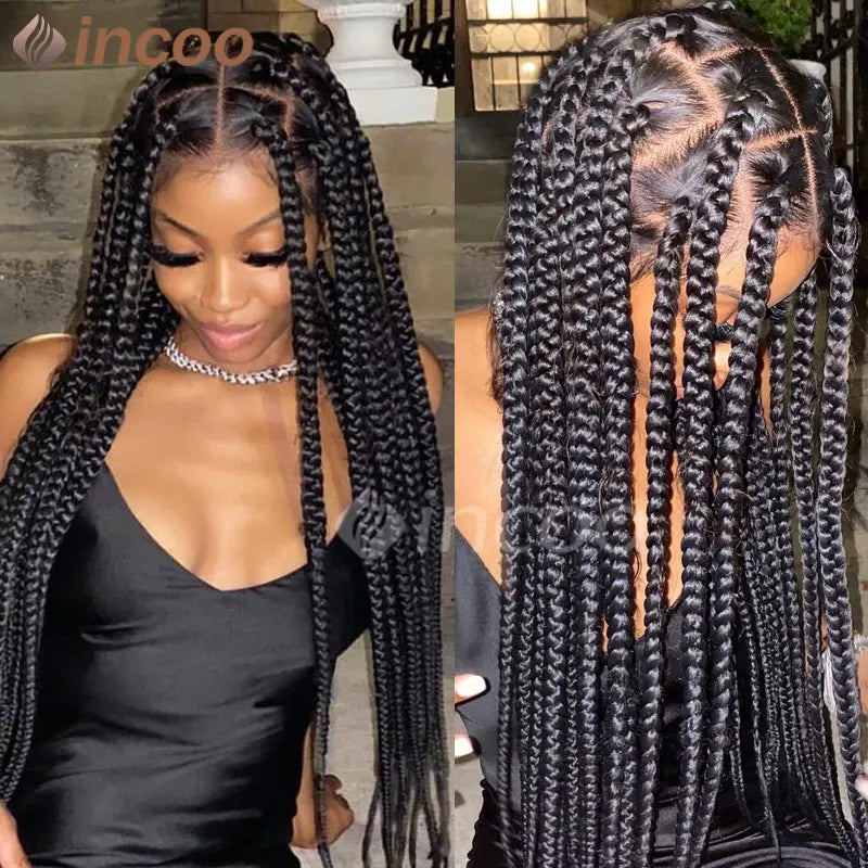 Full Lace Front Square Knotless Large Box Braided Wig 36Inch Synthetic Lace Frontal Braiding Wig With Baby Hair For Black Women