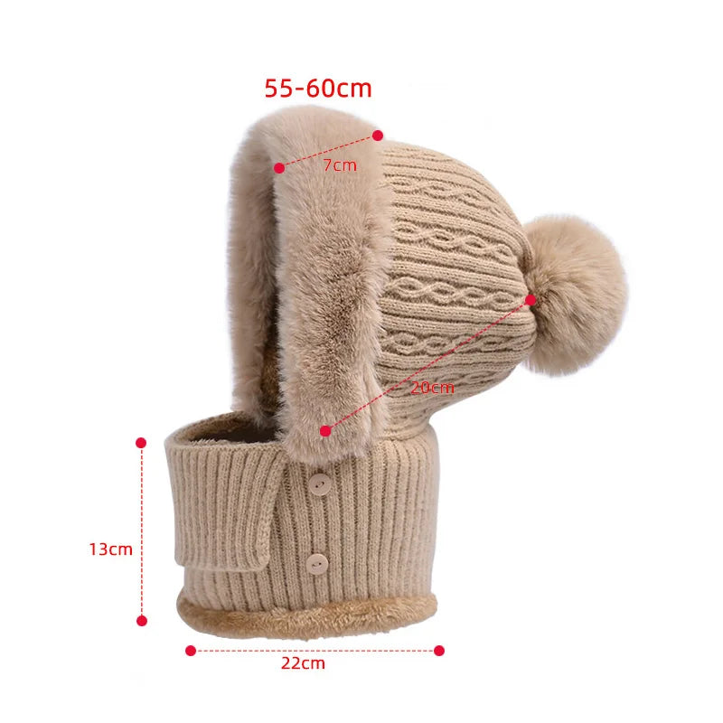 Winter Knitted Hat Scarf Mask One-Piece Plush Pompom Beanies for Women Fleece Lining Warm Bonnet Ears Neck Protection Skiing Cap