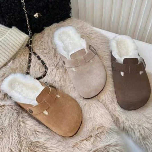 Women's Slippers 2023 Autumn Winter Leather Round Toe Slippers Couple Slippers Outdoor Casual Keep Warm Women Suede Slides Mujer