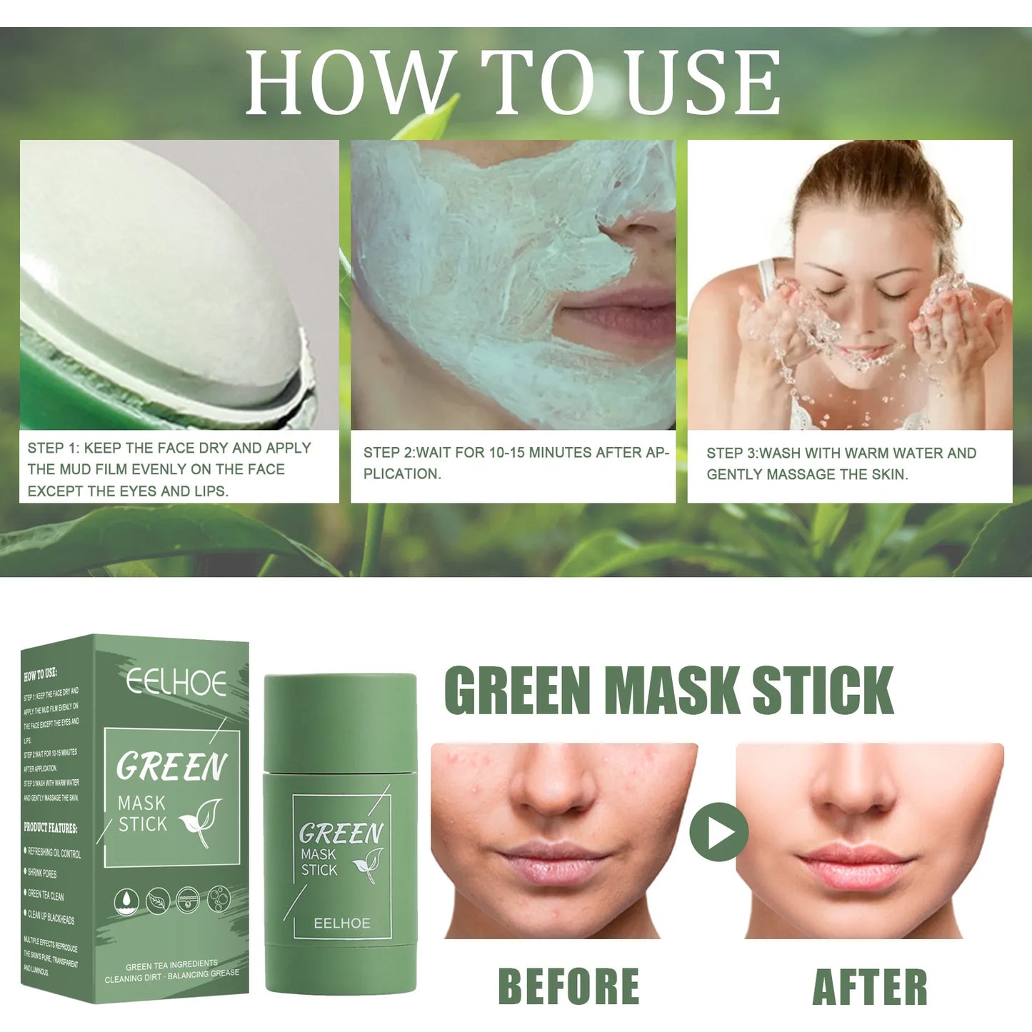 Face Clean Mask Green Tea Cleansing Stick Mask Shrink Pores Deep Blackhead Remover Facial Cleansing Moisturizing Mask 40g