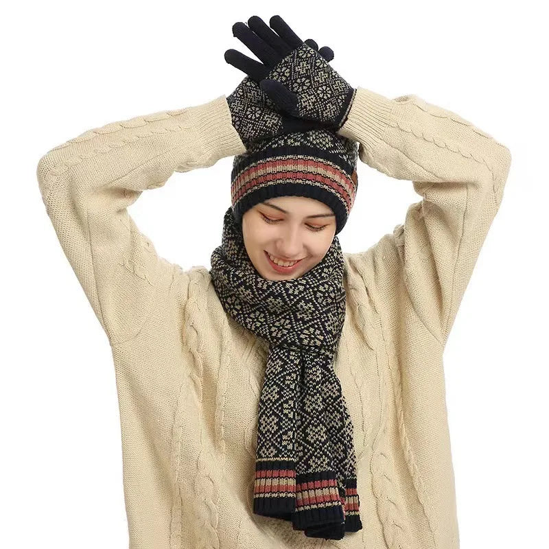 New winter warm suit acrylic knitted wool hat scarf three-piece set