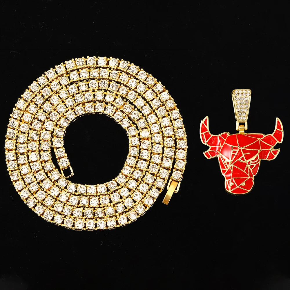 Iced Out  Red Bull Pendant Necklace Match 4mm Bling Tennis Chain Animal Face Charm Stylish Jewelry for Men and Women Hip Hop