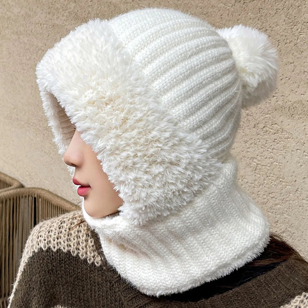 Winter Fur Cap Fleece Lined Knit Hat Snood Scarf Set for Women  Thermal Cashmere Neck Warm Ski Windproof Hat Thick Plush Beanies