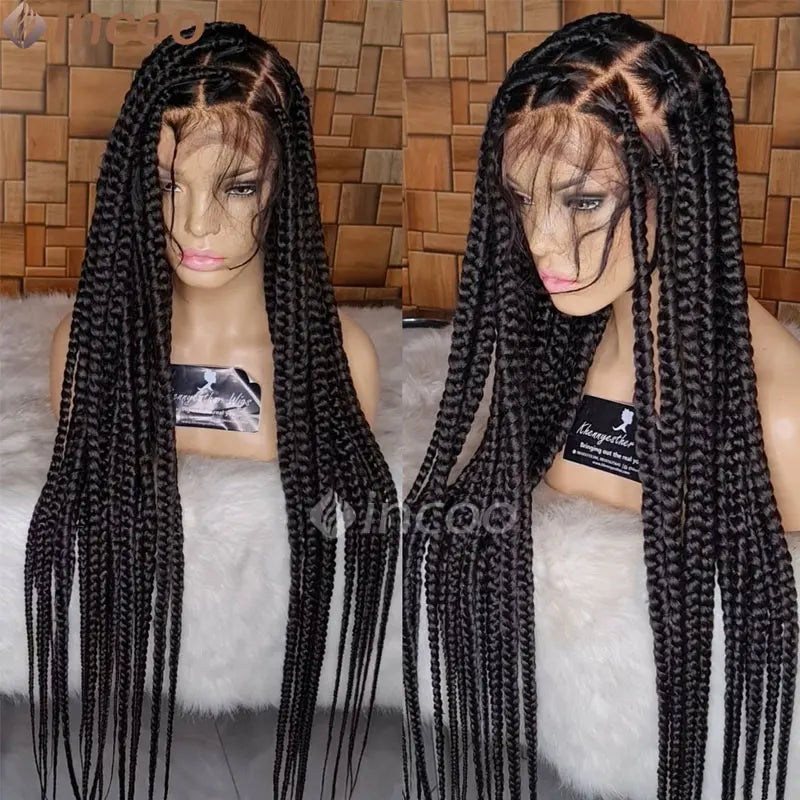 Full Lace Front Square Knotless Large Box Braided Wig 36Inch Synthetic Lace Frontal Braiding Wig With Baby Hair For Black Women