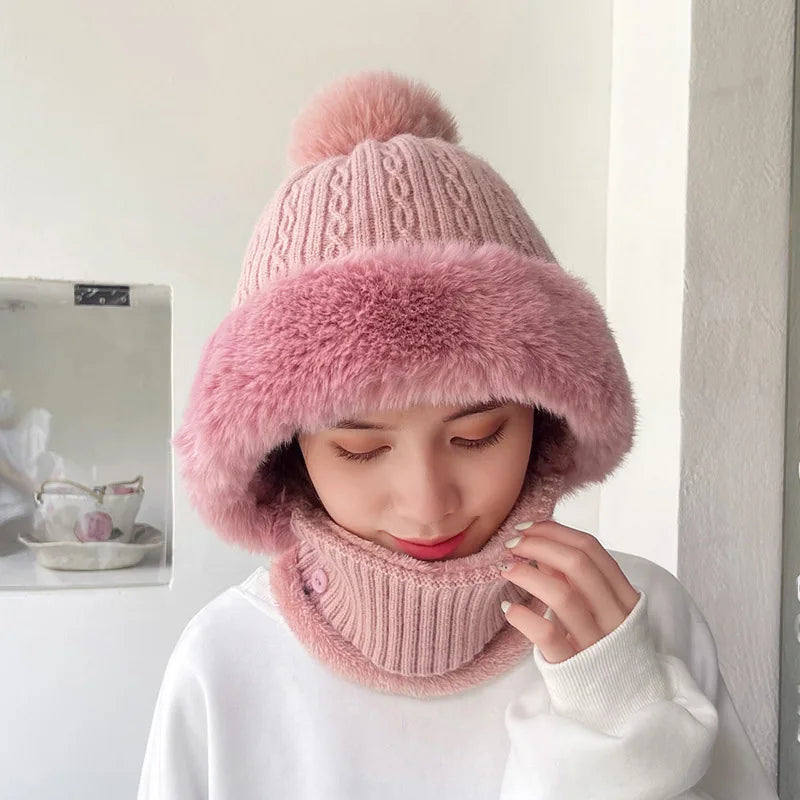 Winter Knitted Hat Scarf Mask One-Piece Plush Pompom Beanies for Women Fleece Lining Warm Bonnet Ears Neck Protection Skiing Cap