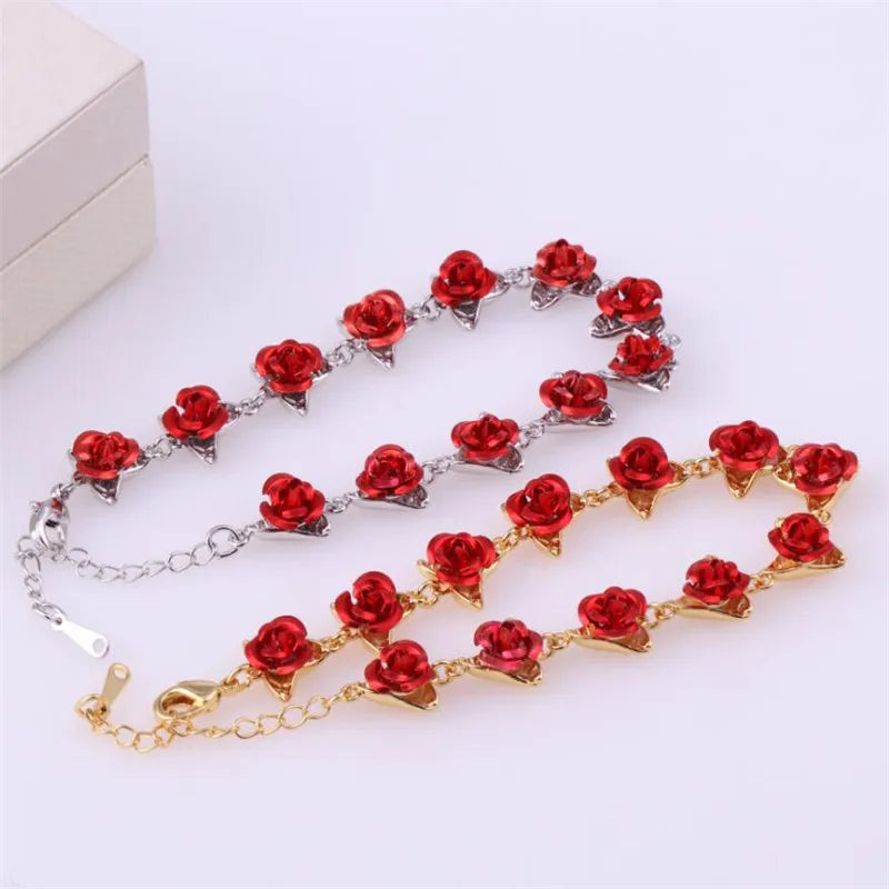 Romantic Adjustable Red Rose Link Chain Bracelet Fashion Valentine Gift for Lover Women's Hand Bracelets Bride Jewelry Accessori