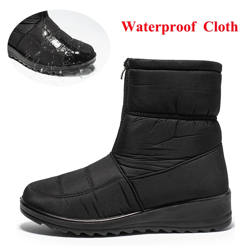 Waterproof Snow Boots for Women 2024 Winter Warm Plush Ankle Booties Front Zipper Non Slip Cotton Padded Shoes Woman Size 44