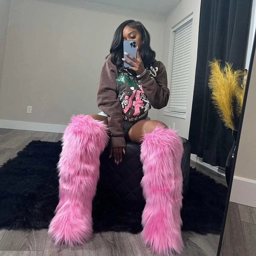 2024 Women Winter Thigh High Fluffy Boots Ladies Furry Faux Fox Fur Long Warm Shoes girls New Designer Plush Knee High Fur Boots