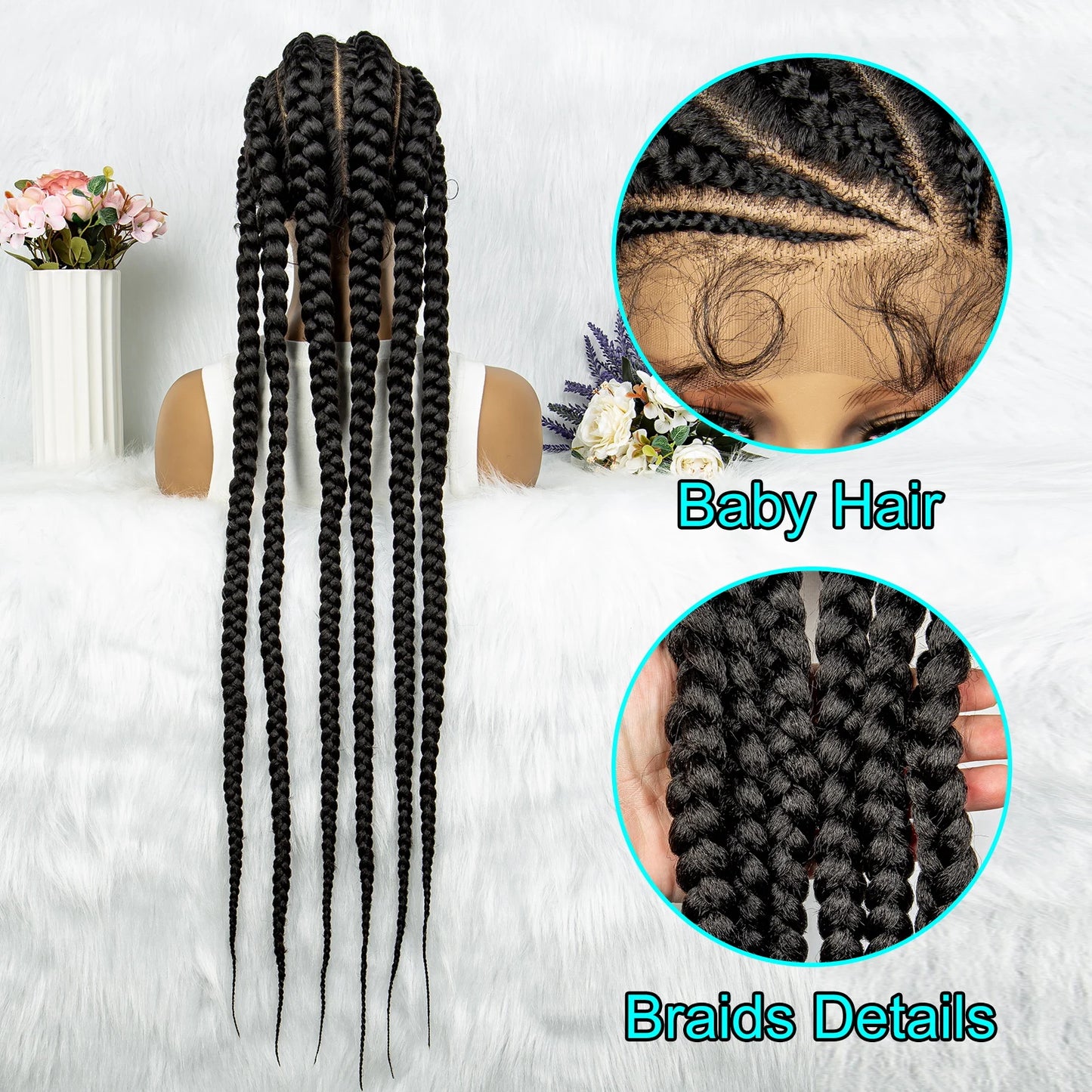 Kima 36 Inches Synthetic Cornrow Braids Wig Lace Front Knotless Box Braided Wig African American Braiding Hair For Women