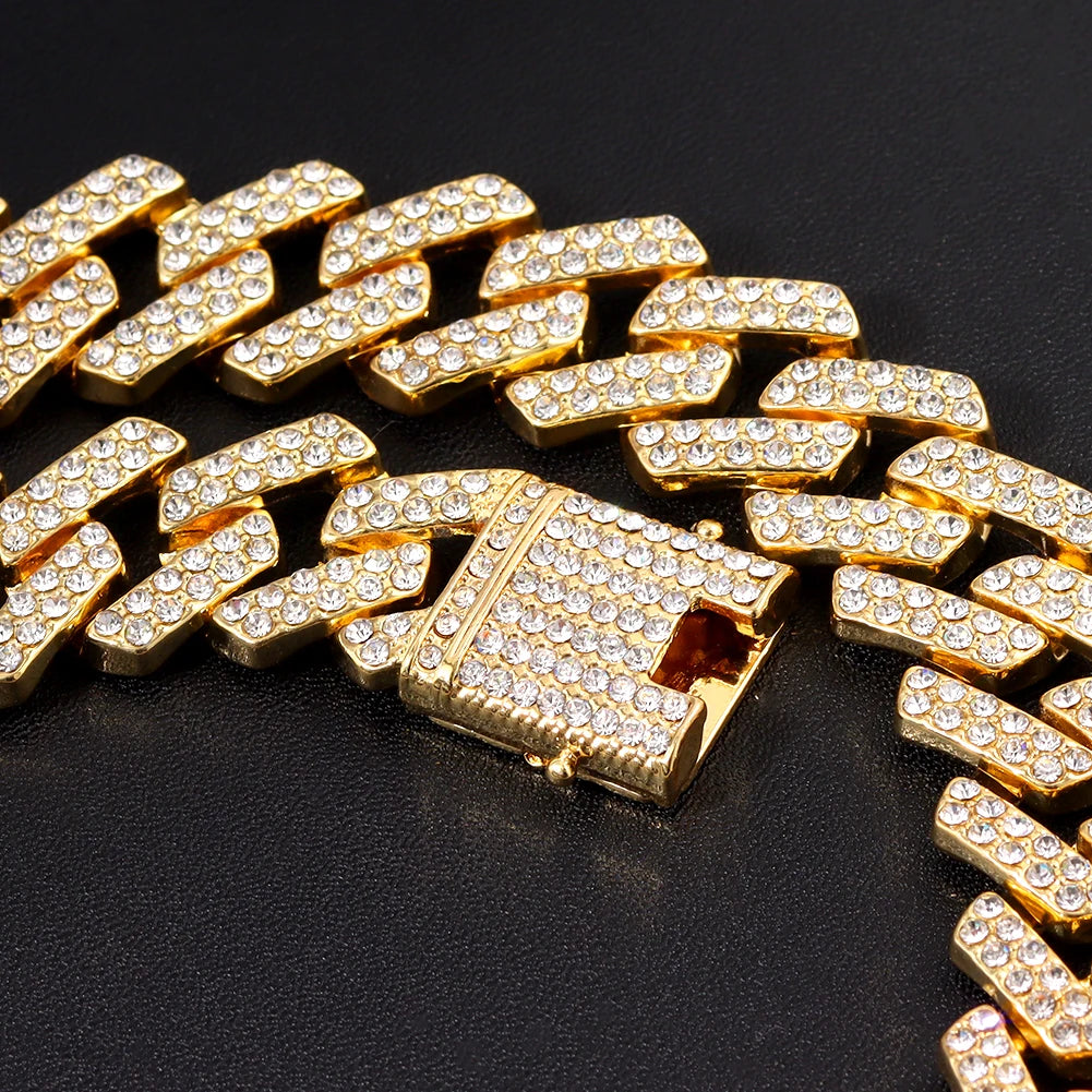 Iced Out Bling AAA Rhinestones Prong Cuban Link Chain Men's Necklace 2 Row Crystal Curb Cuban Chain Hip Hop Jewelry 13/14/20MM