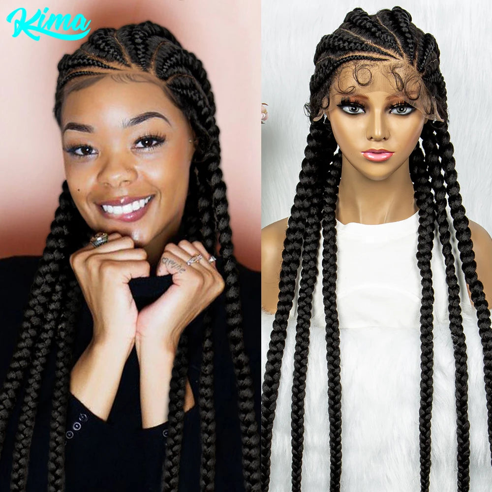 Kima 36 Inches Synthetic Cornrow Braids Wig Lace Front Knotless Box Braided Wig African American Braiding Hair For Women