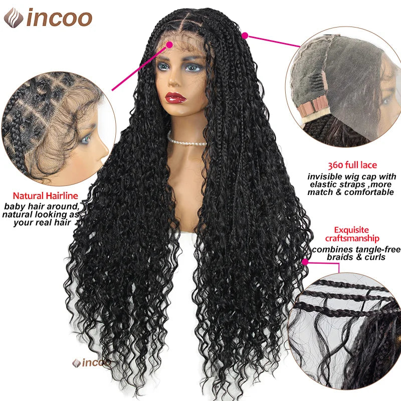 Boho Box Braided Wigs Curly Hair Synthetic Full Lace Front Wigs for Women Goddess Locs Braid Wig Burgundy Bohemian Box Braid Wig