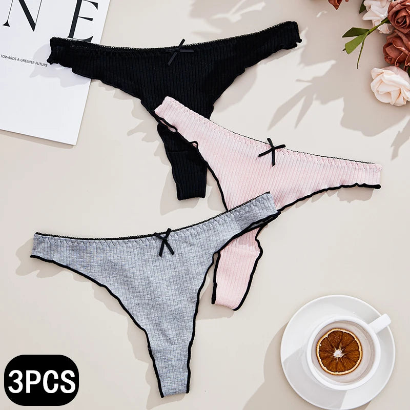 3Pcs Women's Thong Low-rise Panties Solid Color Cotton Lingerie Sexy Thongs Fashion Casual Underwear Comfort Fit Women's Tangas