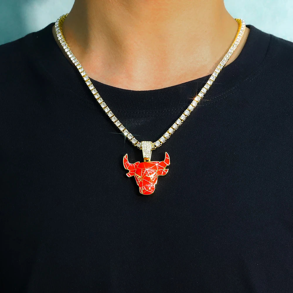 Iced Out  Red Bull Pendant Necklace Match 4mm Bling Tennis Chain Animal Face Charm Stylish Jewelry for Men and Women Hip Hop