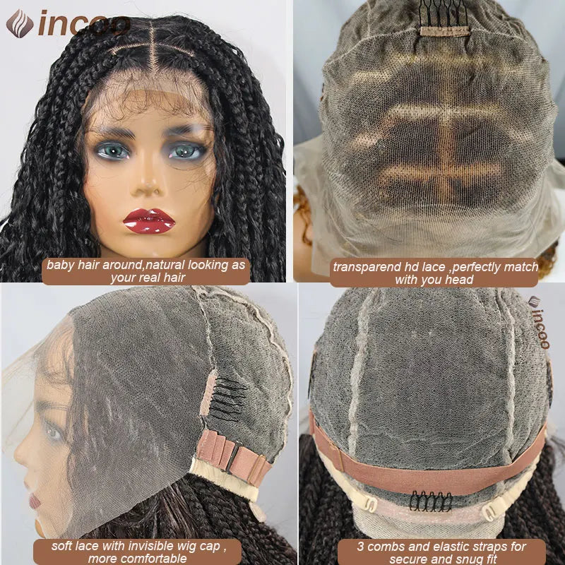 Boho Box Braided Wigs Curly Hair Synthetic Full Lace Front Wigs for Women Goddess Locs Braid Wig Burgundy Bohemian Box Braid Wig