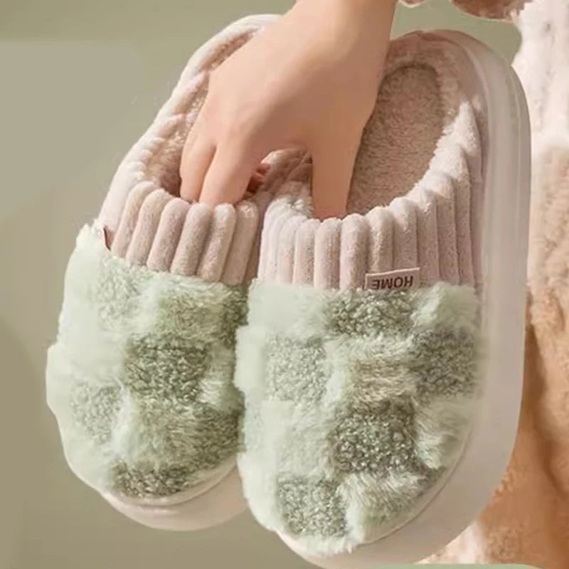 Cotton slippers for women spring autumn winter indoor anti slip home warm home winter fur plush couple men