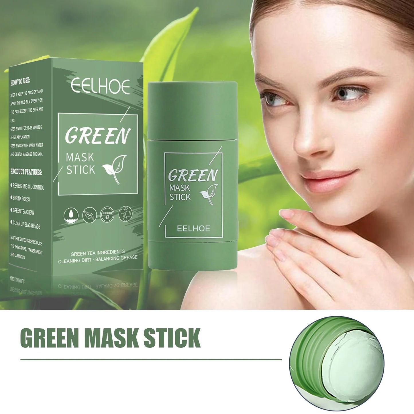 Face Clean Mask Green Tea Cleansing Stick Mask Shrink Pores Deep Blackhead Remover Facial Cleansing Moisturizing Mask 40g