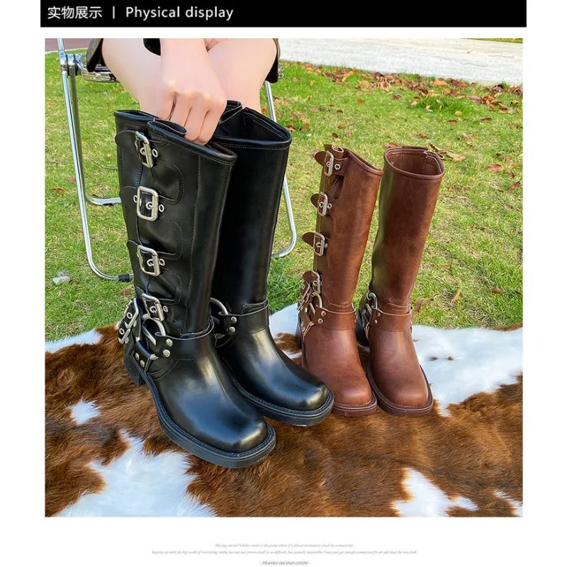 Women's High Platform Boots Metal Buckle Thick Heel Motorcycle Boots Vintage Soft Leather Punk Boot Brown Leather Knight Boot